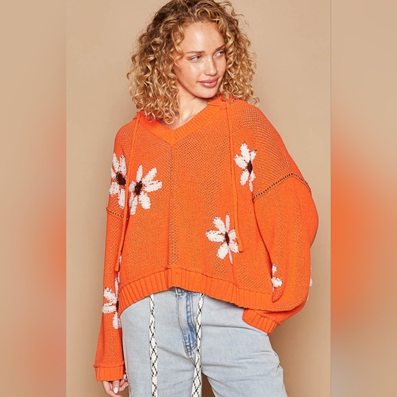 POL Floral Pattern Hooded High-Low Sweater - Picture 1 of 6